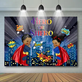 

Superhero Gender Reveal Backdrop Boy or Girl Baby Shower Party Decor Hero and Shero What do you Think Baby Shower Background