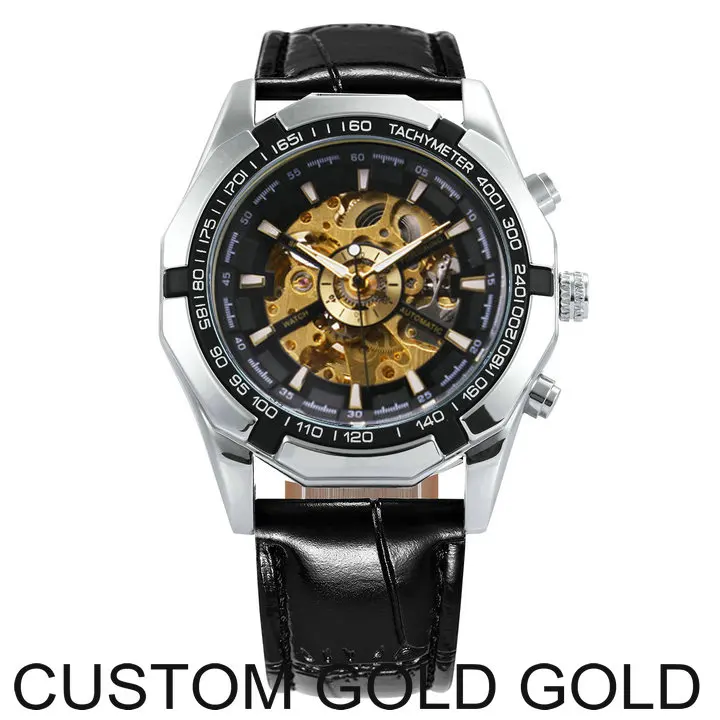 CUSTOM GOLD GOLD WINNER официальный автоматические часы для мужчин Золотой Скелет Механические мужские s часы бренд класса люкс кожаный ремешок модное платье наручные часы - Цвет: CUSTOM GOLD GOLD