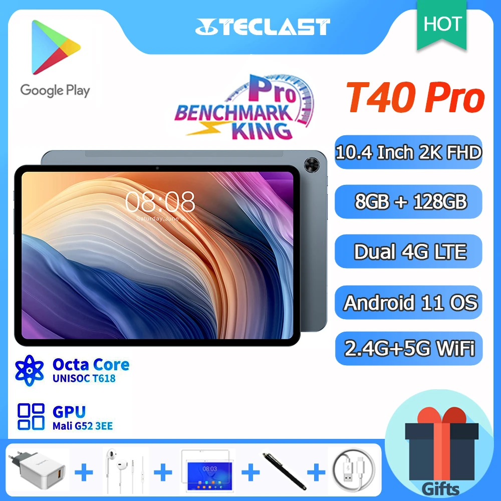 Global Teclast T40 Pro Tablet 10.4 Inch 2K Screen T618 Octa Core 8GB RAM 128GB ROM Android 11 Dual 4G LTE Network 18W PD 5G WiFi