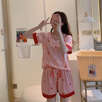 

Silk Pyjamas Cute Love Print Pajamas Summer Pijama Woman Shorts Home Suit Night Suits Sleepwear Set 2020 Pijama Saten Mujer