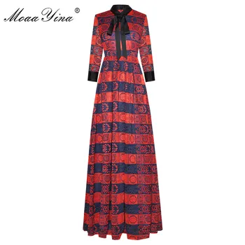 

MoaaYina Fashion Designer dress Spring Women's Dress Sequin Bow collar 3/4 sleeve Lace Hollow out Stripe Elegant Maxi Dresses