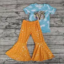 Новинка года; Модная стильная Изысканная одежда для маленьких девочек; топ с короткими рукавами и брюки-колокольчики; комплект одежды для маленьких девочек