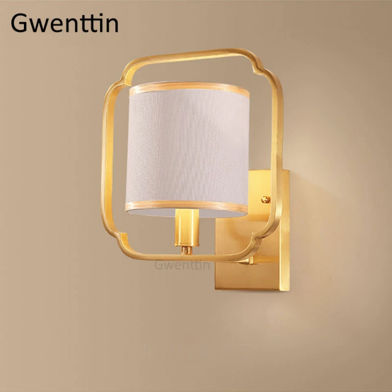 Chinese Style Copper Gold Wall Lamp Fabric Lampshde Wall Light Fixtures Led Sconce Vintage Mirror Lights Bedroom Home Art Decor