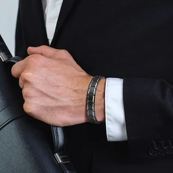 

GENTS BLACK & GOLD TRIM STAINLESS STEEL BRACELET GIFT FOR HIM HUSBAND BOYFRIEND