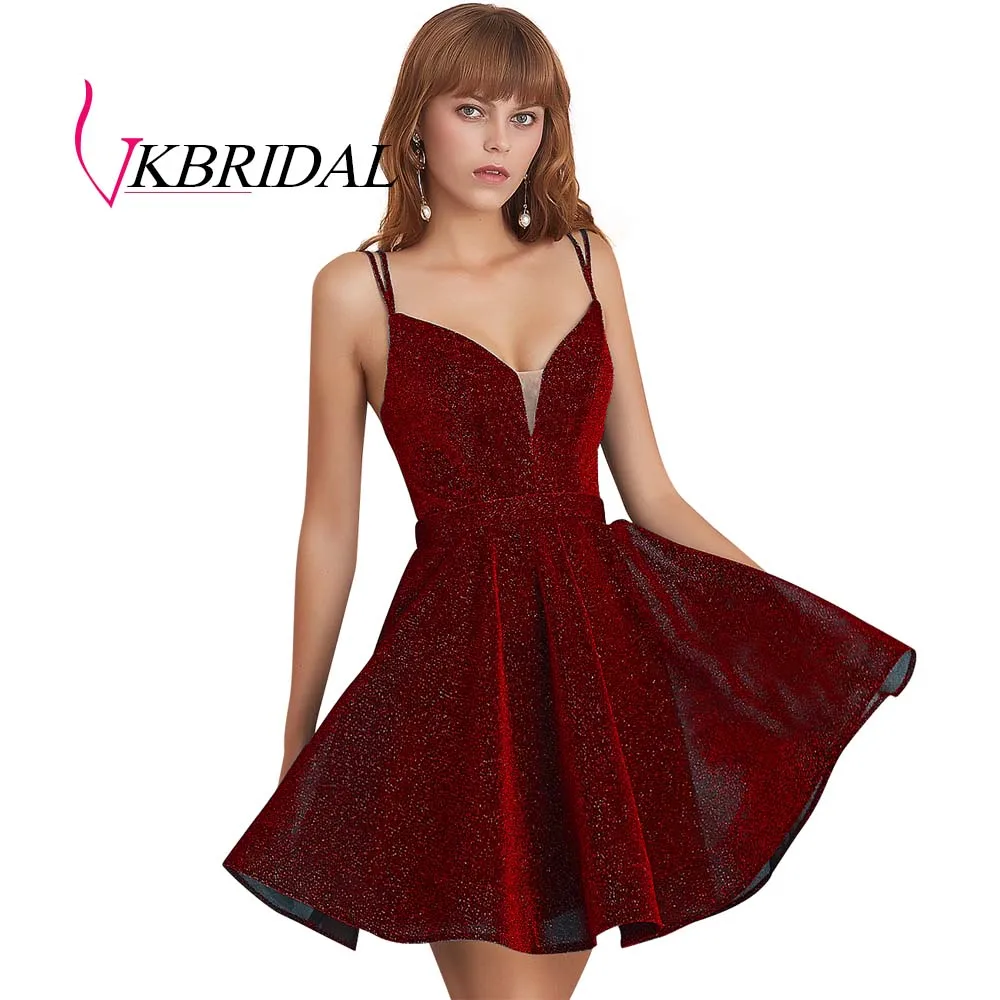 VKBRIDAL сексуальные короткие платья для выпускного вечера с глубоким v-образным вырезом Новое поступление блестящая ткань вечерние платья для выпускного вечера - Цвет: burgundy