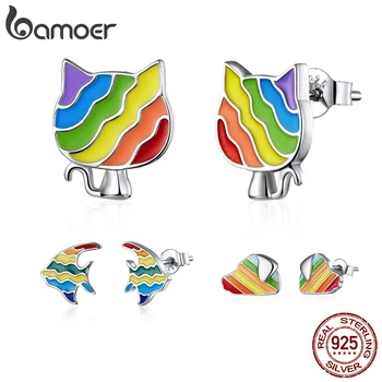 

bamoer GXE823 Genuine 925 Silver Rainbow Animals Kitty&Puppy&Fish Cute Pet Earrings Women Fine Jewelry Hypoallergenic Ancessory