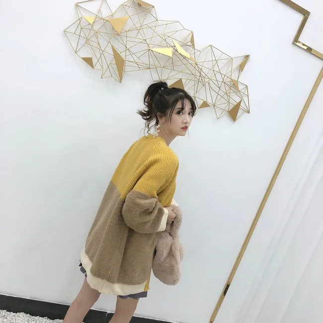 Neploe Pull Jumpers Осень Зима Женский вязаный кардиган контрастный цвет свитер пальто v-образный вырез негабаритная трикотажная куртка 54702