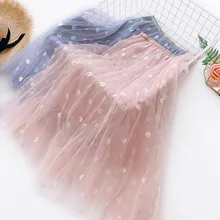 Для женщин SequinTulle юбки Эластичная Высокая талия сетка юбка-пачка со складками Длинная Юбка-миди Saias Faldas Jupe Femmle