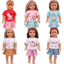 

Doll Clothes T-Shirts Short Skirt 2Pcs/Set For 18Inch American&43Cm Reborn Baby Doll Cute Cartoon Printing Our generation Gift