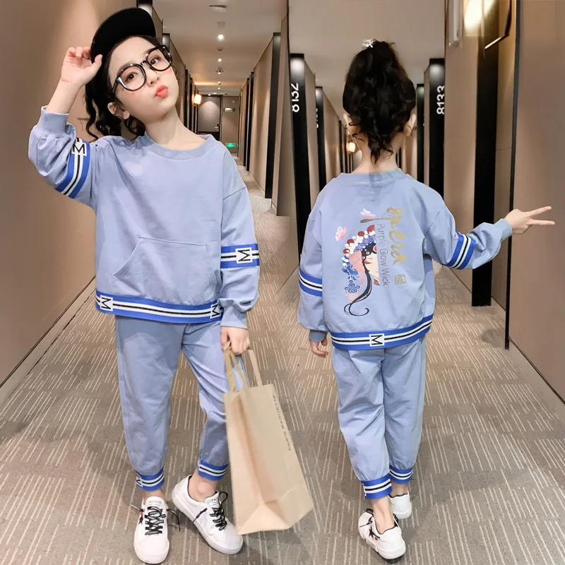 2021 Popular Girls Two-piece suit Cartoon Sweater Children Girl Clothes Front pocket Sweatshirt Sweatpants Kid Cotton Sportswear | Детская
