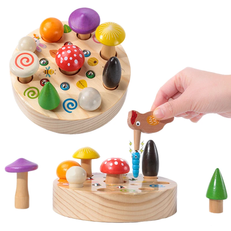 Baby Montessori Games Wooden Toys Picking Mushrooms Catching Bugs Board Early Educational Fine Motor Training Size Matching Game | Игрушки и