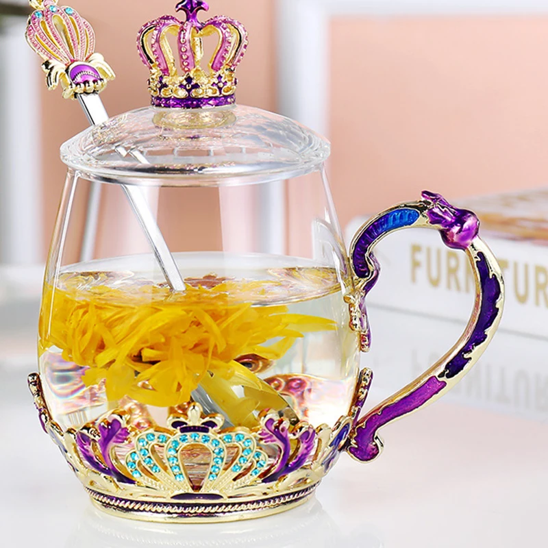 Koop Praktische Vruchtensap Melk Koffie Kristallen Glazen Beker Creatief Emaille Keizerskroon Ontwerp Water Cup Duurzaam Drinkware Voor Gift