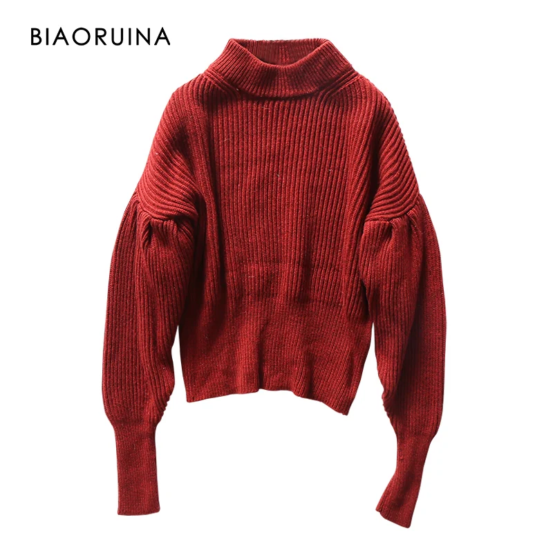

BIAORUINA Women's Burgundy Solid Oversized Thick Knit Turtleneck Sweater Female Fashion Keep Warm Winter Sweater Lantern Sleeve