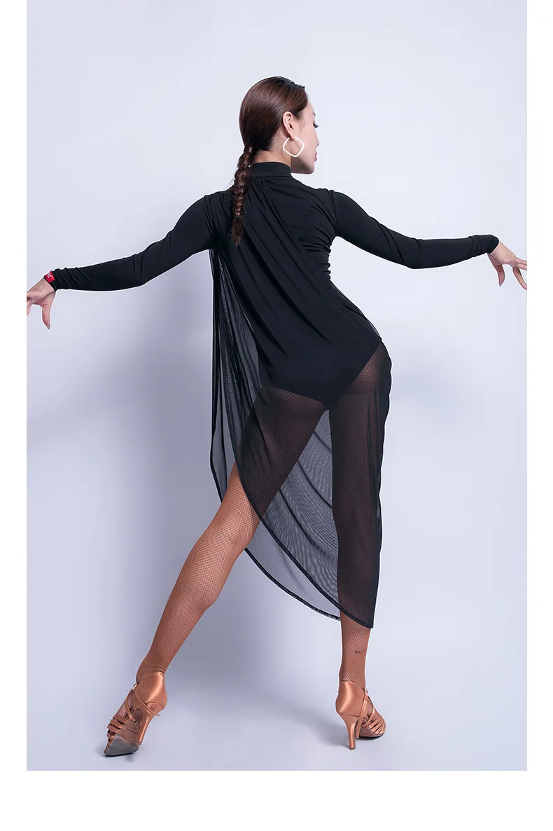 Черное платье для латинских танцев, женское бальное платье с длинным рукавом, ча-ча, танго, сальса, Самба, Румба, тренировочная одежда, одежда для выступлений, Rave, наряд DF1754