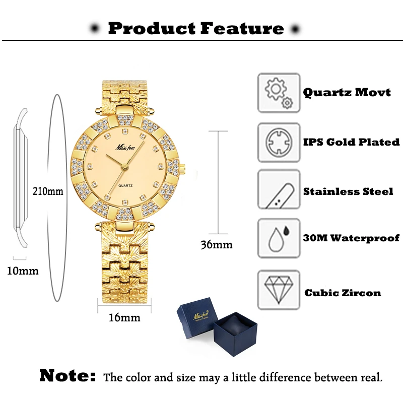 MISSFOX Womanes часы модные кварцевые роскошные золотые бриллиантовые водонепроницаемые повседневные наручные часы из нержавеющей стали с большим циферблатом для женщин Reloj Mujer