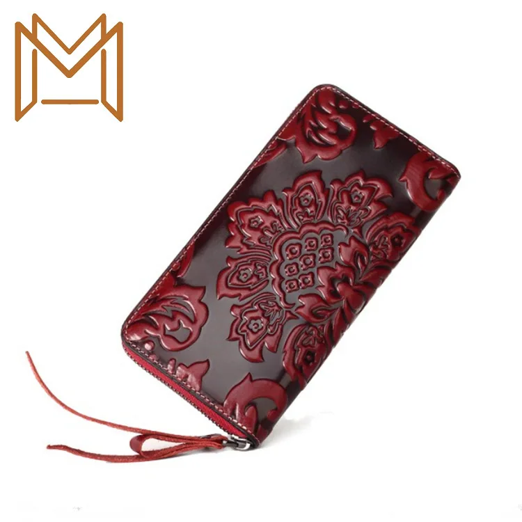 

Hand Package Embossing Long Wallet Head Layer Wax Oil Cowhide Genuine Leather Single Zipper Wallet