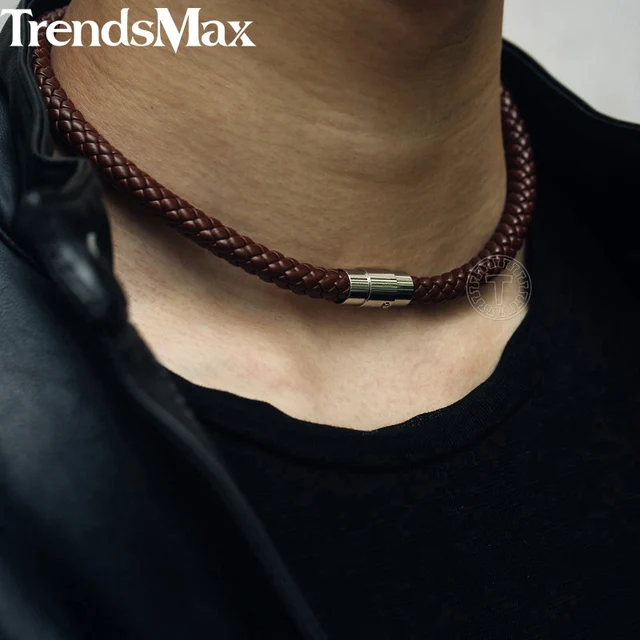 Collar De Cuero Trenzado Para Hombres, Gargantilla De Acero Inoxidable, Cierre Magnético, Negro, Marrón, Regalos De Joyería Masculina, - Collar -