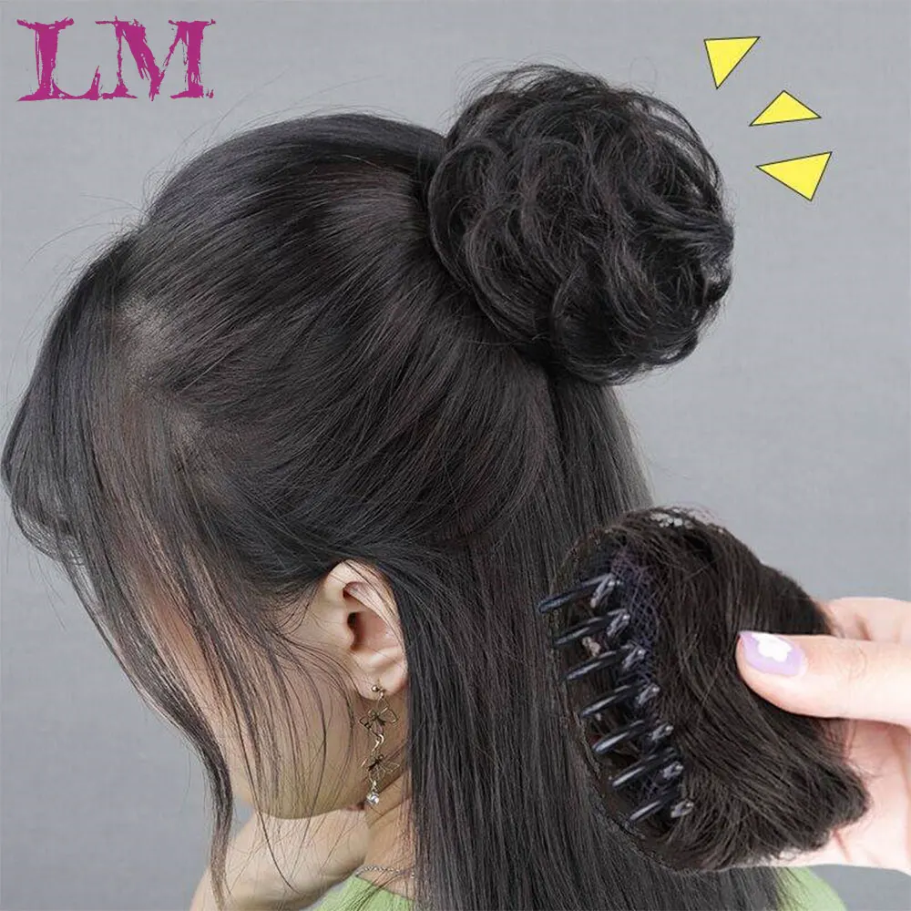 LM женские вьющиеся шиньон волосы на заколках для наращивания шиньон булочка для невесты черный коричневый цвета шиньон высокая температура волос булочка