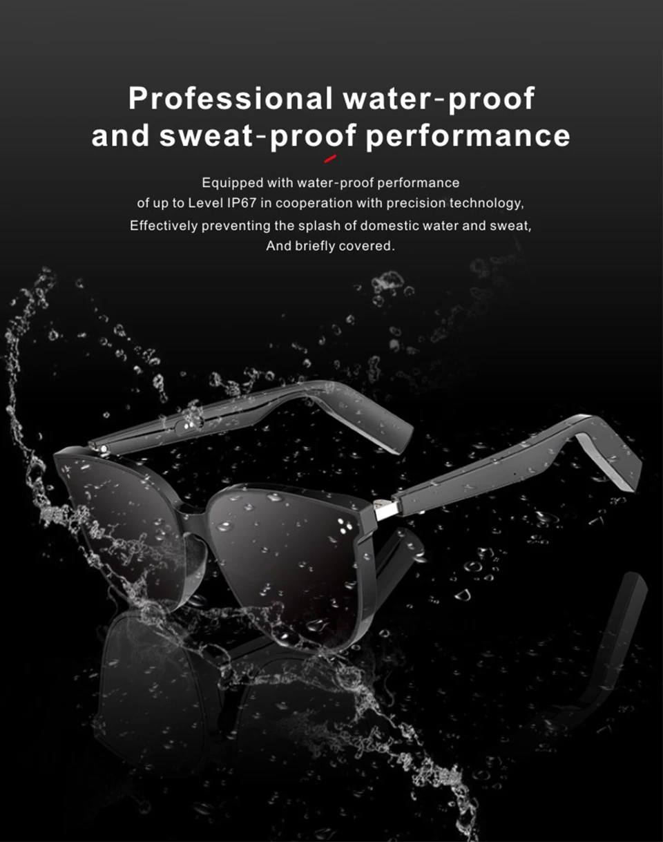 Waterproof Bluetooth Smart Sunglasses BT5.0 Headphones Glasses Call Music Anti-blue Light Glasses Compatible With IOS Android