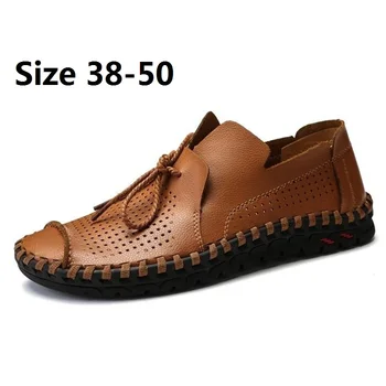 

Size 47 48 49 50 Luxury Brand Summer Mens Loafers Genuine Leather Casual Moccasins Hollow Out Breathable Lace Up Driving Shoes