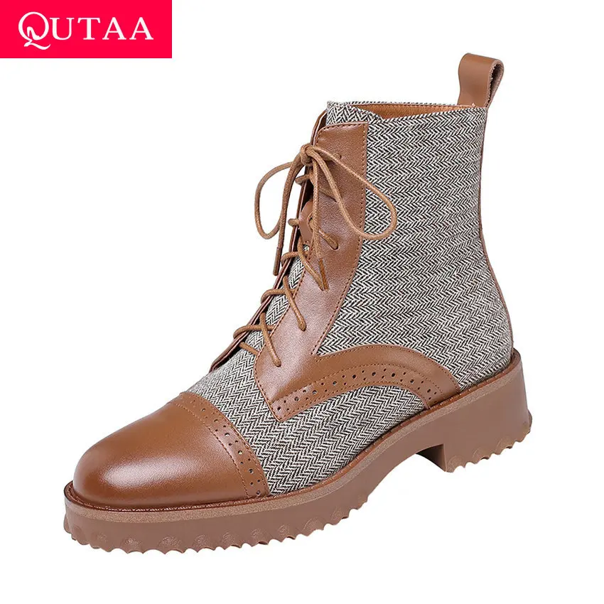 

QUTAA 2020 Lace Up Square Heel Round Toe Winter Ankle Boots Patchwork Cow Leather Cloth Mixed Color Fashion Women Shoe Size34-42