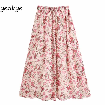

Sweet Floral Print Skirt Women Drawstring Elastic High Waist A-line Long Skirt Elegant Lady Summer Chiffon Skirt faldas mujer