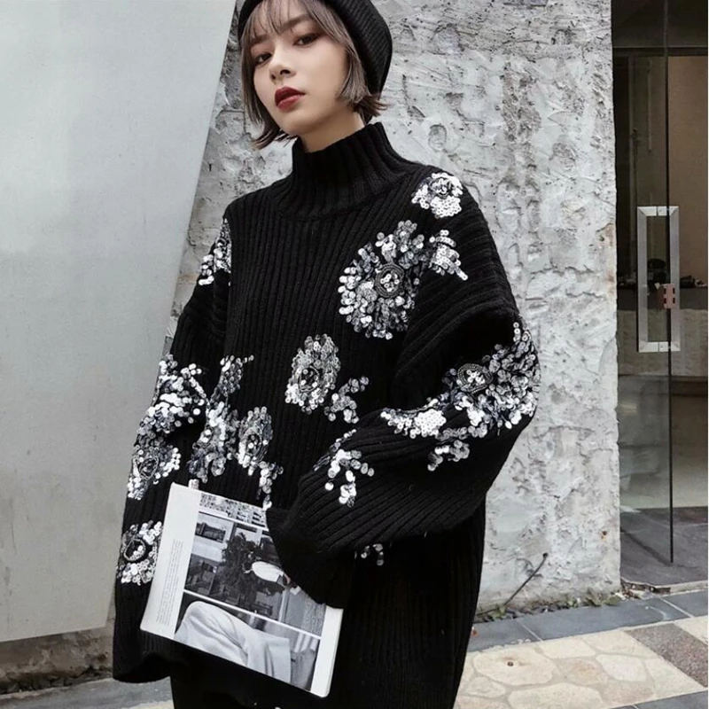 

Luxury Brand 2020 Knitted Sweater Women Autumn Spring Fashion New Sweater Heavy Work Beads Flower Pattern High Sweater SA385S30