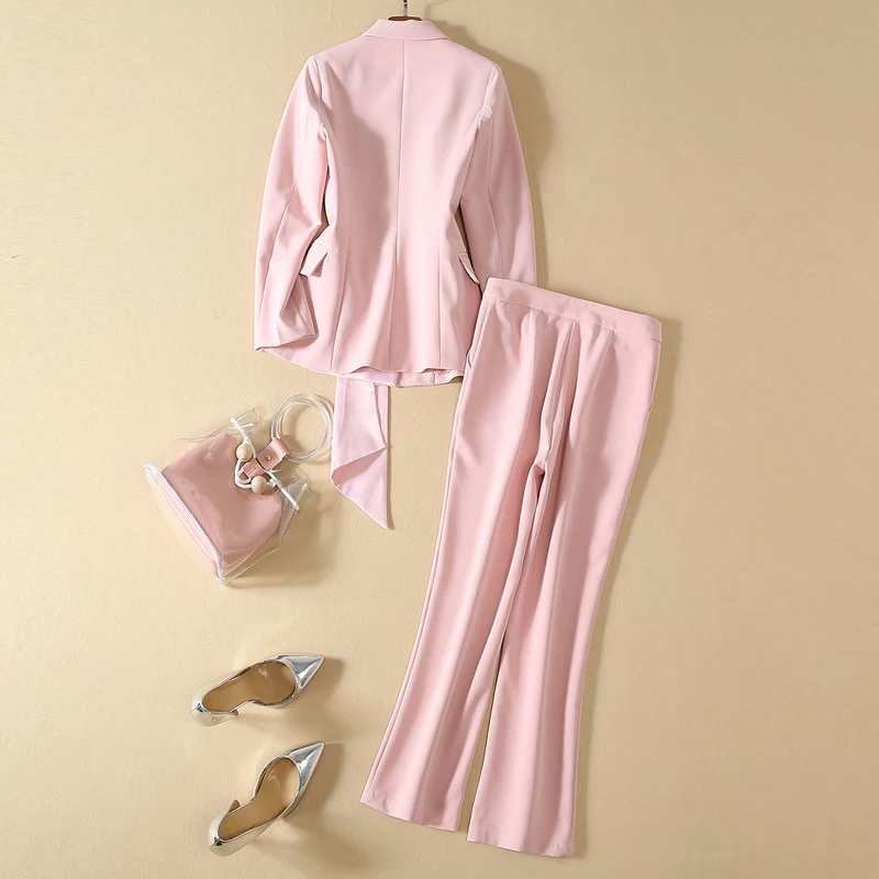 Подиум дизайнер новая мода высокое качество Осенние вечерние с отворотом костюм Топ карандаш брюки винтажные элегантные шикарные розовые женские наборы