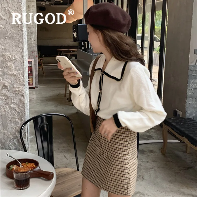 RUGOD women's sweater cardigans turn down collar single breasted long sleeve patchuwork knit coat fashion female elegant