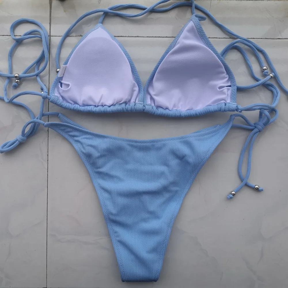 Sexy Thong Bikini Swimwear Women Pink/Blue/Black/Pink/Yellow/Red Solid Beach Bathing Suit Pit Stripe Fabric Swimsuits Wholesale 6