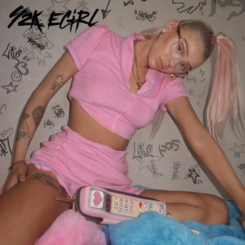 

Y2K EGIRL Sweet Zipped Front Shirt Sleeve Croped Tops and Ruffle Mini Skirts 2 Piece Co-ord Set Punk Solid Matching Sets Party