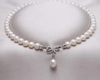 

9-10mm south sea natural white pearl necklace 18" silver clasp 1012mm pendant