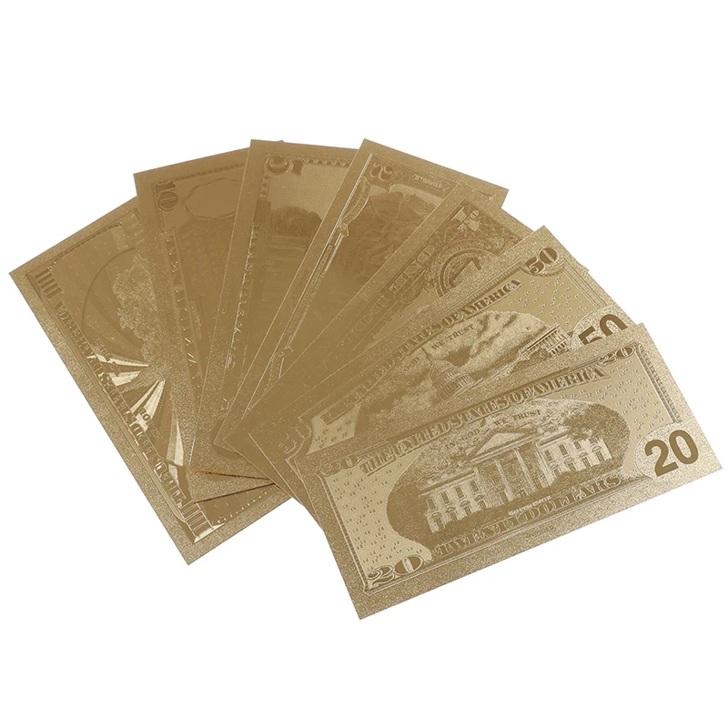 7PCS USD 1/2/5/10/20/50/100 Gold Dollar Bill Full Set Gold Banknote Colorful