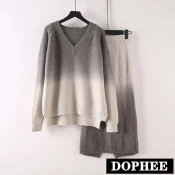 

New Autumn Winter Woman Knitted Two-pieces Skirt Suit Gradient Loose Sweater + Calf Length Skirt Female Winter Warm Suits 2020