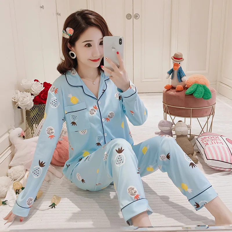 

Spring And Autumn New Style Women Pajamas Sweet Cartoon Flower Fold-down Collar Long-sleeved Cardigan Tracksuit Qmilch