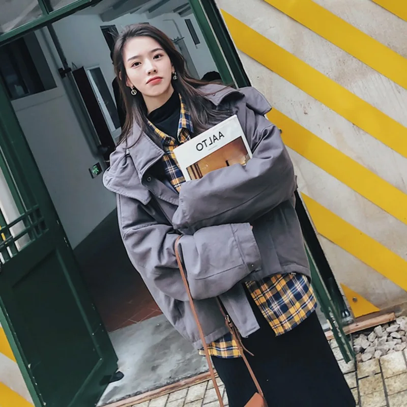 

Photo Shoot CHIC High Grade Gray Short Loose-Fit Pike Workwear Stand Collar Hooded Removable Shoulder College Style Cotton Coat