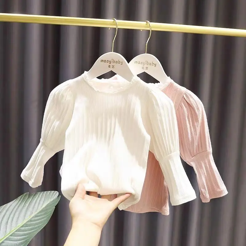 497.0¥ 40% OFF|女の赤ちゃんのための長袖Tシャツ,フリル付きの綿の服,無地,春と秋|Tees| - AliExpress