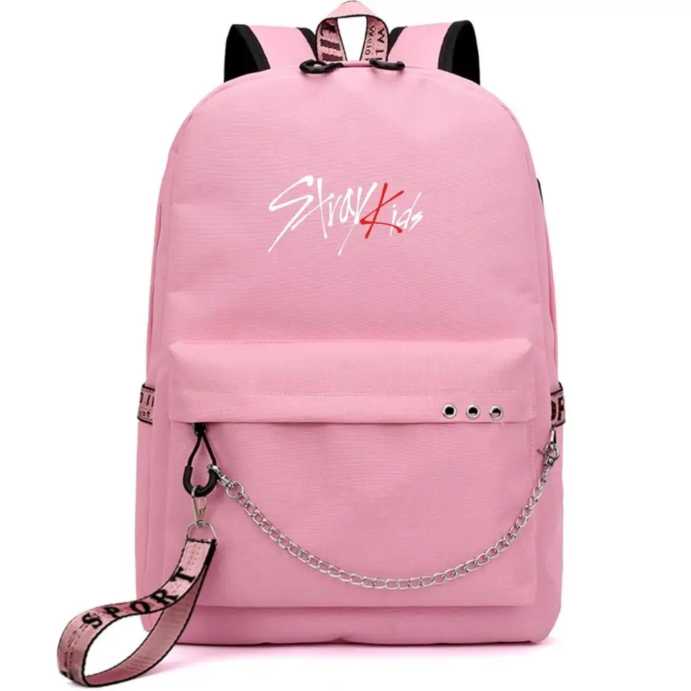 Kopo Stray Kids Felix USB Backpack School Book Black Pink Bag Mochila Travel Bags Laptop Chain Backpack W Headphone USB Port