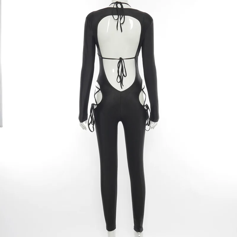 BKLD 2024 Fashion Women Spring New Round Neck Open Back Long Sleeve Bra Lace-Up Hollow Out Casual Pants One Piece Jumpsuits