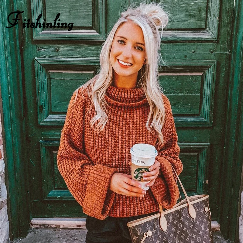 Fitshinling 2020 Winter New Women's Turtleneck Sweaters Pullovers Knitwear Solid Slim Jumper Roll Sleeve Pull Femme Sweater Sale | Женская