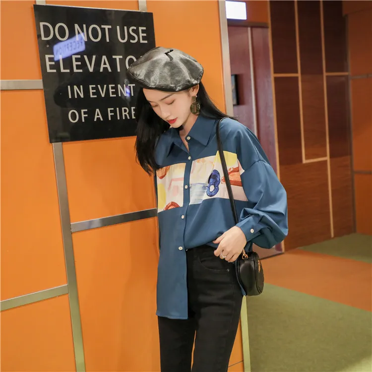 Осень 2019 Новая Женская Ретро Печать Корейская Свободная рубашка с длинным рукавом рубашка размера плюс Топы Женская блузка корейская