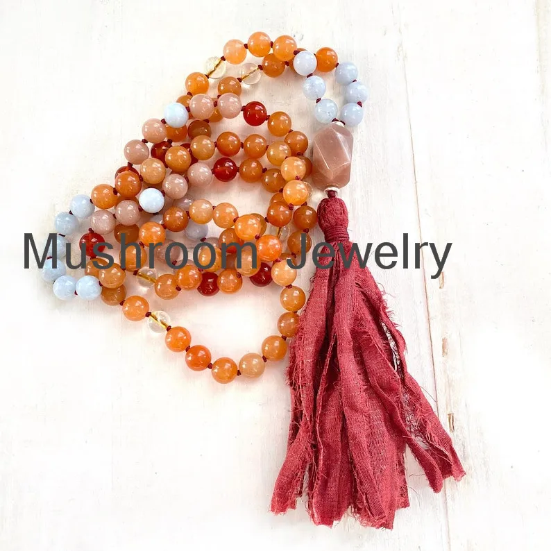 108 Agate Bead Sari Silk mala tassel yoga bead women necklace jewelry la mala hora