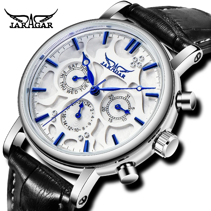 

Top Brand Luxury JARAGAR Blue Sky Series Elegant Design Men Automatic Clock Genuine Leather Strap Date Week Display Male Watches