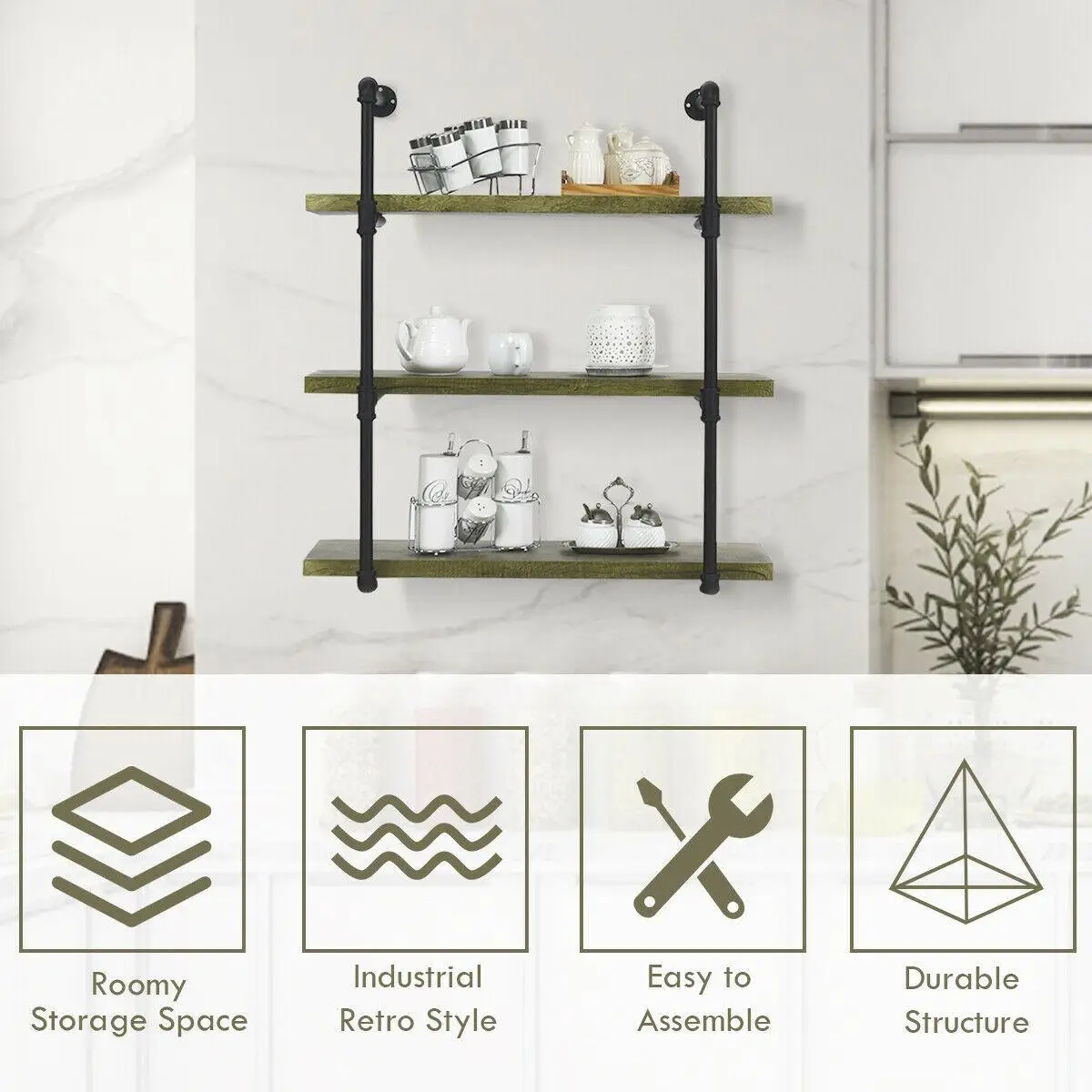 

92cm 3-Tier Industrial Iron Pipe Bookshelf Standing Book Shelves Storage Set of 2pcs Storage Bookshelf Rack Pipe Shelf Bracket