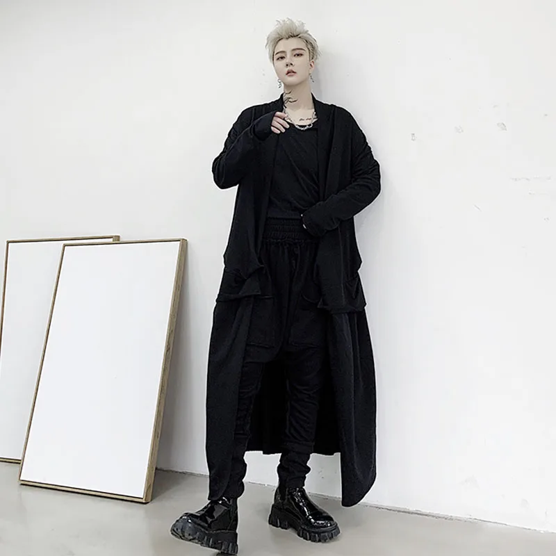Мужской черный длинный кардиган, Тренч, мужской, Япония, уличная, готический, хип-хоп, свободная куртка, верхняя одежда