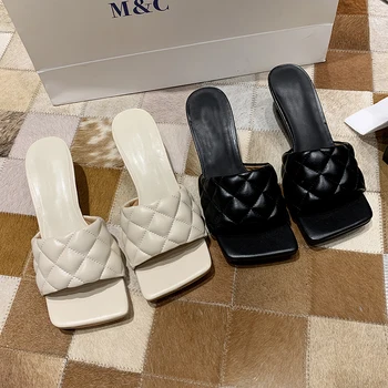 

Fashion Brand Design Women Slipper Thin High Heels Square Toe Sandal Slipper Summer Ladies Slide Elegant Dress Shoes