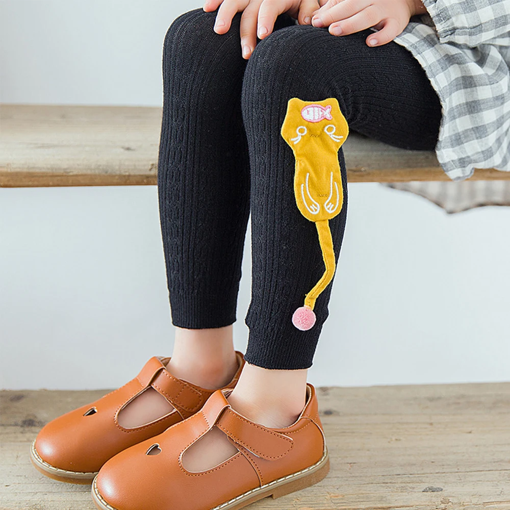 Детские штаны для девочек с аппликацией в виде милого кота; хлопковые кашемировые штаны; леггинсы с эластичной резинкой на талии для девочек; теплые штаны; детские брюки на осень и зиму