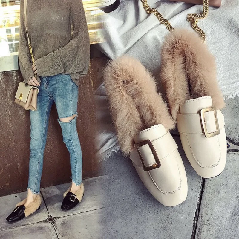 

2019 autumn and winter cotton shoes warm plus velvet Korean version of the metal buckle fur shoes female peas shoes