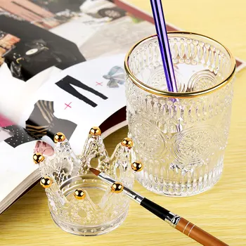 

1Pc Nail Brush Crystals Glass Nail Pen Holder Three-dimensional Relief Silver Golden Border Pen Holder Nail Art Design Tool