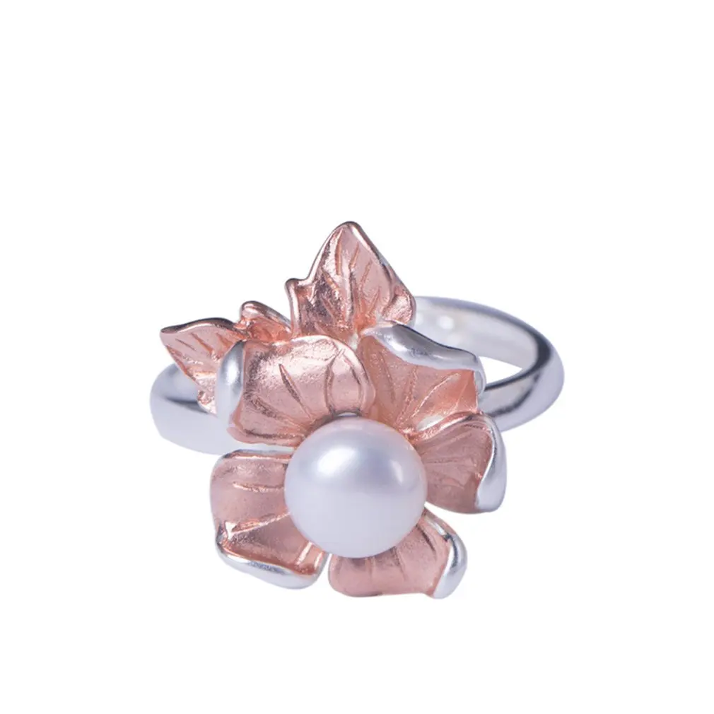 

925 Silver Flower Leaf Pearl Ring Ms. Opening Adjustable Ethnic Antique Silver Platinum Ring For Women Dropshipping